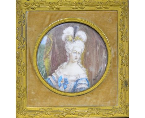 A circular portrait miniature of Queen Charlotte, 7.5cm, in an oak leaf gilt frame with velvet slip, signed M Guillermin.