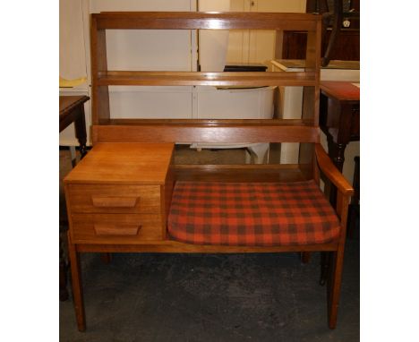 Vintage teak telephone table / seat with an open bookcase in oak