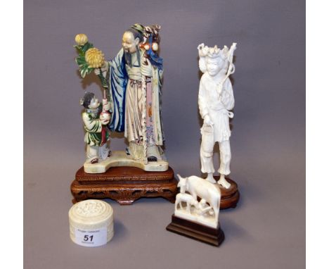 Carved ivory okimono, ivory figure group and a circular ivory carved trinket box. CONDITION REPORT; Back-left (faux-ivory fig