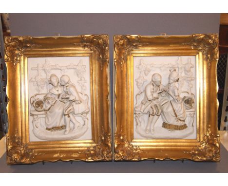 Dresden, a pair of relief ceramic figural panels having gilt highlights and gilt frames CONDITION REPORT; Available on reques