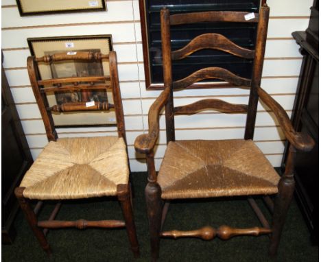 Early oak farmhouse ladder back chair and an oak single chair