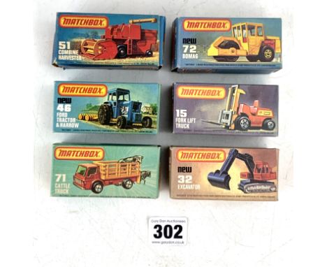 6 boxed Matchbox 75 series model vehicles - no. 51 Combine Harvester, 32 Excavator, 72 Bomag, 15 Fork Lift Truck, 46 Ford Tra