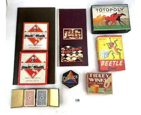 Assorted board games inc. Tidley Winks, Monopoly with board, Totopoly, Contack, Draughtsmen with board, Beetle Game and doubl