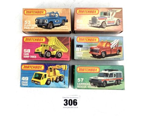 6 boxed Matchbox 75 series model vehicles - no. 53 Flareside Pick-Up, 66 Tyrone Malone Superboss, 58 Faun Dump Truck, 61 Wrec