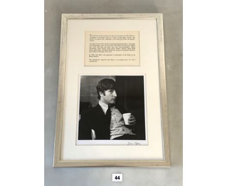 Signed portrait photograph of John Lennon taken by Jane Bown with information and authenticity. Photo 9" sq, frame 14" x 21"
