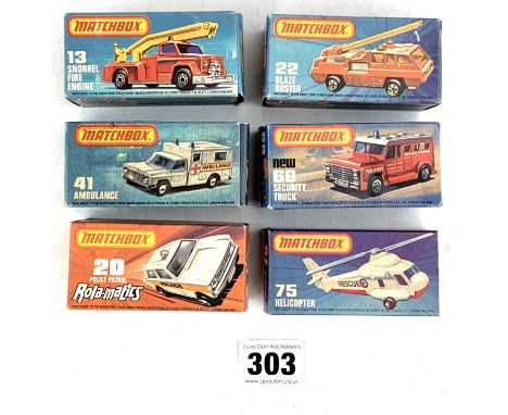 6 boxed Matchbox 75 series model vehicles - no. 75 Helicopter, 41 Ambulance, 69 Security Truck, 22 Blaze Buster, 20 Rola-mati
