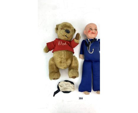 Merrythought Winnie-the-Pooh teddy bear 14" long and musical wind-up sailor doll with pot head 17" long