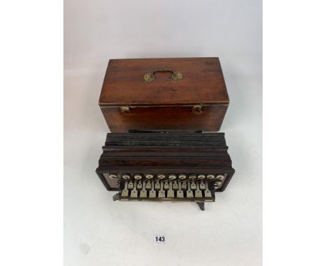 Boxed antique rosewood squeezebox accordion by J. Gregory Accordian Maker, London Road, Nottingham with mother of pearl keys,