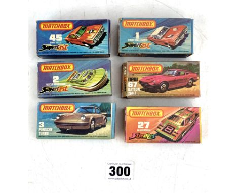 6 boxed Matchbox 75 series model vehicles - no. 67 Datsun 260-Z, 3 Porsche Turbo, 2 Superfast Rescue Hovercraft, 45 superfast