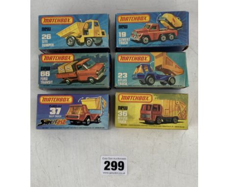 6 boxed Matchbox 75 series model vehicles - no. 19 Cement Truck, 23 Atlas Truck, 36 Refuse Truck, 26 Site Dumper, 37  Superfa