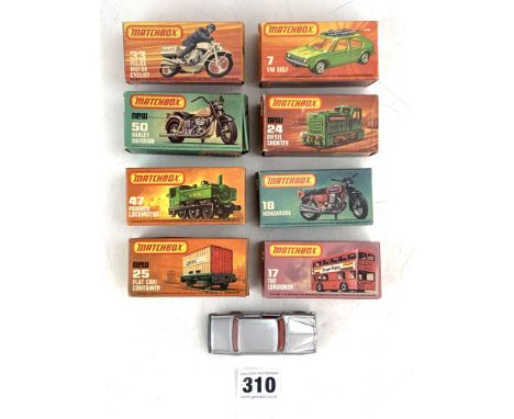 8 boxed &amp; 1 loose Matchbox 75 series  model vehicles - no. 7 VW Golf, 25 Flat Car/Container, 33 Police Motor Cyclist, 18 