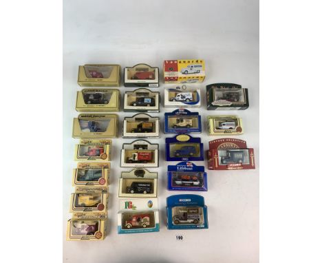 22 boxed model vehicles inc. Lledo Days Gone, Matchbox Days of Yesteryear, Vanguards, Corgi and Promotional