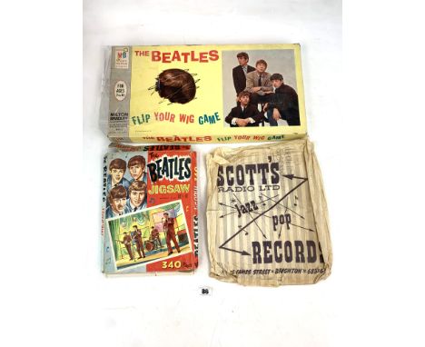The Beatles 'Flip Your Wig' board game, The Beatles 340 piece jigsaw and Scott's Radio Ltd paper record bag