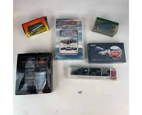 6 boxed model vehicle sets inc. TCM model car set, Corgi Classic DVD &amp; Jaguar E-Type model, Corgi 2 Racing E-Type Superca