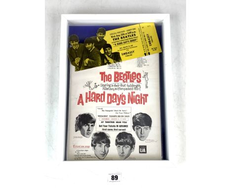 Framed The Beatles 'A Hard Day's Night' film premiere poster  with ticket, frame 10.5" x 14.5"