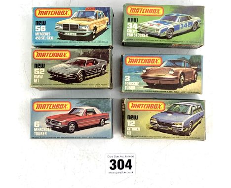 6 boxed Matchbox 75 series model vehicles - no. 6 Mercedes Tourer, 52 BMW M1, 3 Porsche Turbo, 34 Chevy Pro Stocker, 12 Citro