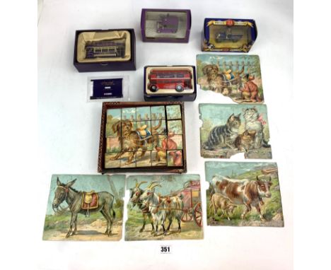 Boxed vintage cube puzzle and 4 boxed royalty commemorative vehicles, Corgi QEII Golden Jubilee tram, Corgi QEII 75th Birthda