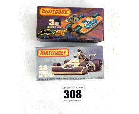 2 boxed Matchbox 75 series model racing cars - no. 36 Superfast Formula 5000 &amp; 28 Formula Racing Car