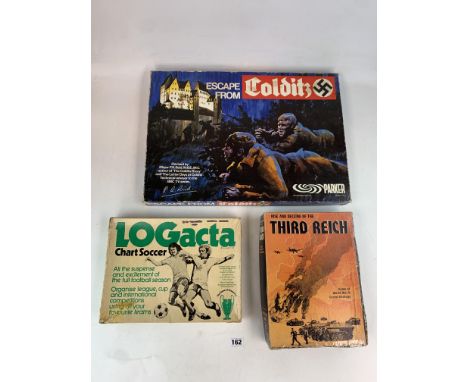Parker 'Escape From Colditz' board game, Avalon Hill 'Rise and Decline of the Third Reich' bookcase game and 'Logacta' Chart 