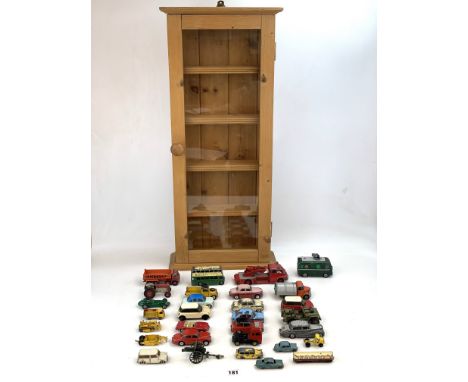 Pine display cabinet 31.5" h x 14"w x 5"d containing 30 loose assorted model vehicles inc. Dinky, Corgi, Meccano, Burago etc