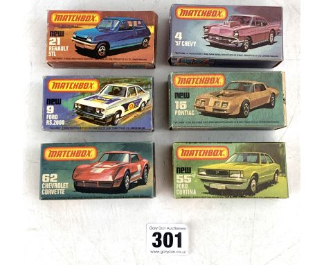 6 boxed Matchbox 75 series model vehicles - no. 21 Renault 5TL, 62 Chevrolet Corvette, 9 Ford RS. 2000, 4 '57 Chevy, 16 Ponti