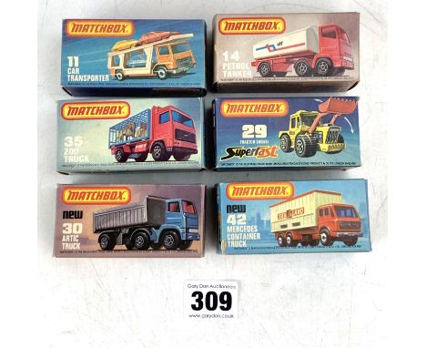 6 boxed Matchbox 75 series model vehicles - no. 11 Car Transporter, 30 Artic Truck, 42 Mercedes Container Truck, 14 Petrol Ta