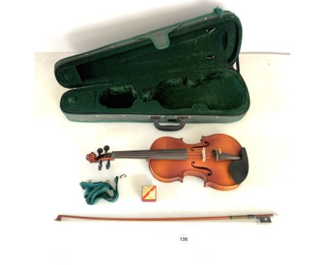 Violin (unnamed) 14.5" back and P &amp; H London bow 29.5" long with accessories in soft green case