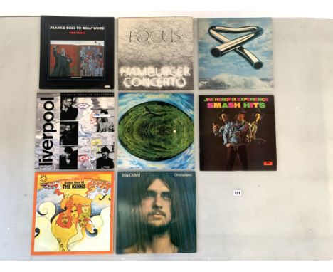 8 assorted LP records inc. Frankie Goes to Hollywood, Focus, Mike Oldfield, Jimi Hendrix, The Kinks