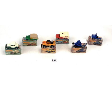 6 boxed Matchbox 75 series model vehicles - no. 5 U.S. Mail, 73 Model 'A' Ford, 38 Model 'A' Van, 53 CJ-6 Jeep, 38 Camper, 63