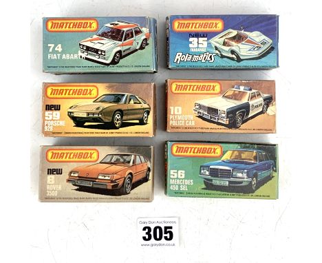 6 boxed Matchbox 75 series model vehicles - no. 56 Mercedes  450 SEL, 35 Rola-matics Fandango, 59 Porsche  928, 10 Plymouth P