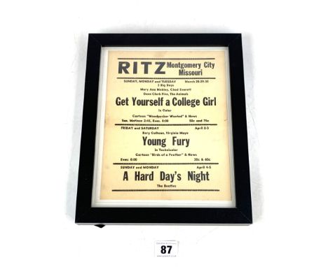 Framed 60's movie poster 'Ritz, Montgomery City, Missouri' advertising 'A Hard Day's Night, The Beatles' along with 'Get Your