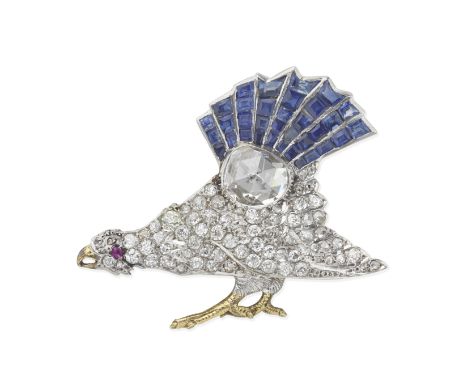 KOCH: SAPPHIRE AND DIAMOND CAPERCAILLIE BIRD BROOCH, CIRCA 1925The cushion-shaped, old brilliant, rose-cut diamond body, with