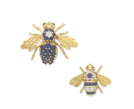 TWO SAPPHIRE, RUBY AND DIAMOND BEE BROOCHESEach with circular-cut sapphire and brilliant-cut diamond thorax, and circular-cut