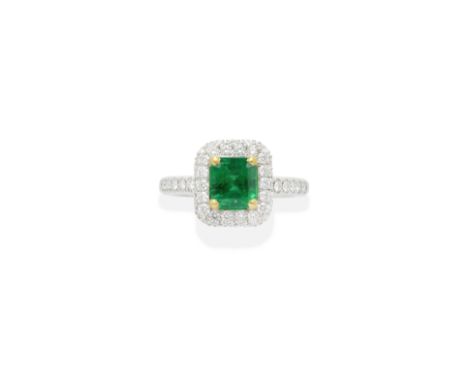 EMERALD AND DIAMOND CLUSTER RINGStep-cut emerald and brilliant-cut diamonds, emerald very approx. 1.40cts, diamonds approx. 0