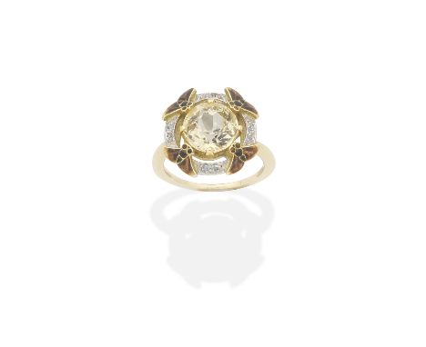 EUGÈNE FEUILLÂTRE: ART NOUVEAU TOPAZ AND DIAMOND RING, CIRCA 1900Circular-cut topaz, rose-cut diamonds, enamelled bees to the