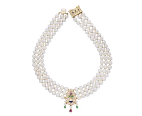 CULTURED PEARL AND GEM-SET NECKLACEThree rows of 7.5mm cultured pearls, the pendant set with a marquise-cut sapphire, similar