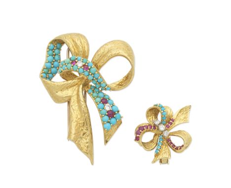 KUTCHINSKY: GEM-SET CLIP-BROOCH AND SINGLE EARCLIP, CIRCA 1960Each engraved bow with turquoise and ruby cabochons and brillia