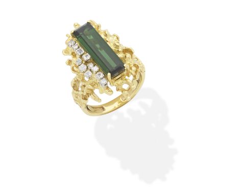ATTRIBUTED TO GEORGE WEIL: TOURMALINE AND DIAMOND 'NIGHT TO DAY' PENDENT EARRINGS, CIRCA 1975Each step-cut tourmaline within 