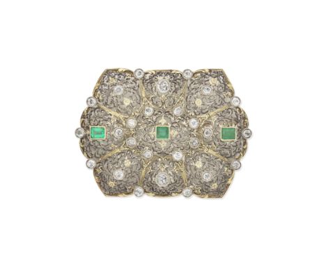 EMERALD AND DIAMOND OPENWORK PLAQUE BROOCHBicoloured, the old brilliant-cut diamonds within an openwork design of acanthus le