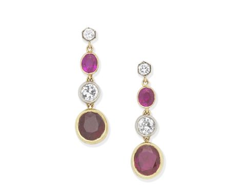 RUBY AND DIAMOND PENDENT EARRINGSEach composed of graduating oval-cut rubies and brilliant-cut diamonds, diamonds approx. 0.4