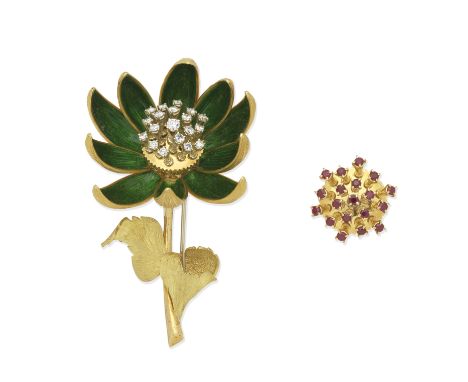 ENAMELLED FLOWER BROOCH, CIRCA 1960The enamelled petals surrounding an interchangeable brilliant-cut diamond or circular-cut 