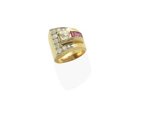 RUBY AND DIAMOND RING, CIRCA 1940Of Odeonesque design, set throughout with cushion-shaped and brilliant-cut diamonds, and cal