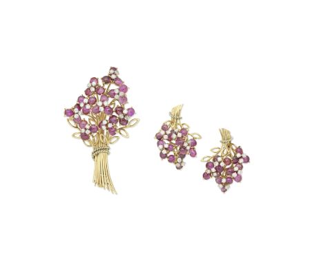 RUBY AND DIAMOND FLORAL BOUQUET BROOCH AND EARRING SUITE, CIRCA 1950Cabochon ruby and brilliant-cut diamond-set flowers, diam