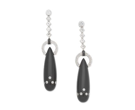 ONYX AND DIAMOND EARRINGSEach onyx pendant set with brilliant-cut diamonds, suspended from a row of square step-cut diamonds,