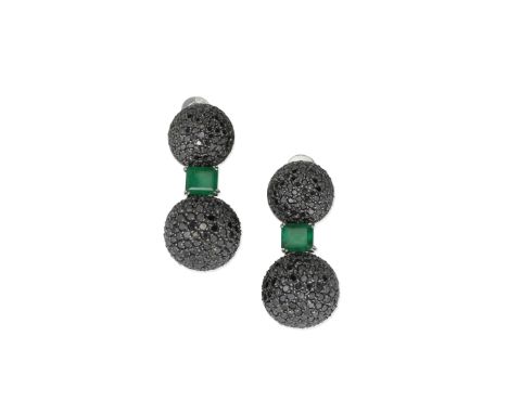EMERALD AND COLOURED DIAMOND EARCLIPSEach step-cut emerald between pavé-set spheres of brilliant-cut coloured diamonds of bla
