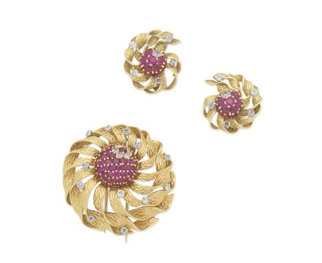KUTCHINSKY: RUBY AND DIAMOND FLOWERHEAD BROOCH, 1966, AND EARCLIPS, 1967Of stylised design, each circular-cut ruby stamen wit