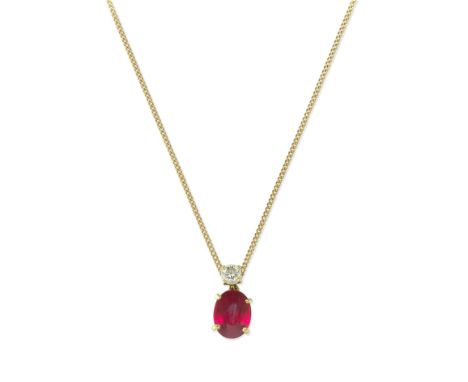 RUBY AND DIAMOND PENDANT NECKLACEThe oval-cut ruby, weighing 3.00 carats, suspending from a brilliant-cut diamond, 18 carat g
