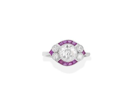 RUBY AND DIAMOND RINGOld brilliant-cut diamond, within an ellipsis frame of brilliant-cut diamonds and calibré-cut rubies, pr