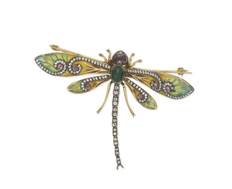 GEM-SET AND PLIQUE-À-JOUR ENAMEL DRAGONFLY BROOCH, FIRST HALF OF 20TH CENTURYThe body with an emerald cabochon and old brilli