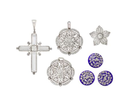 FOUR GEM-SET JEWELS,  EARLY-MID 19TH CENTURY AND LATER1st: Three diamond-set enamel buttons, each circular button with royal 